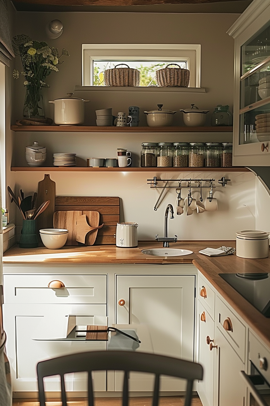 Cozy kitchen interior with wooden shelves, utensils, and plants by the window, reflecting a warm, rustic home atmosphere.