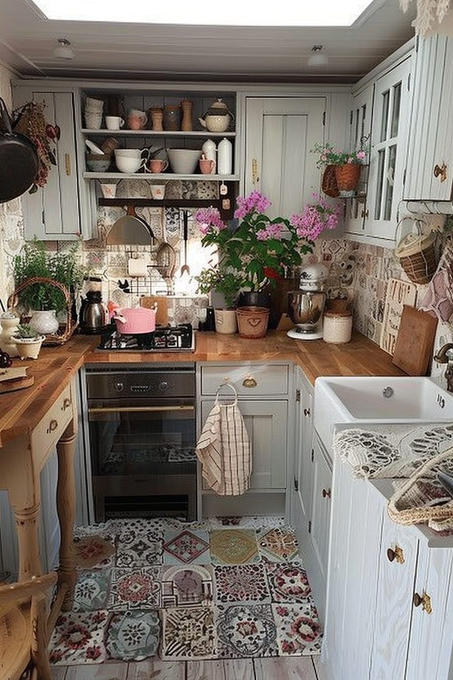 Cozy kitchen interior with wooden cabinets, patterned tiles, and plants, featuring a farmhouse sink and vintage-style appliances.