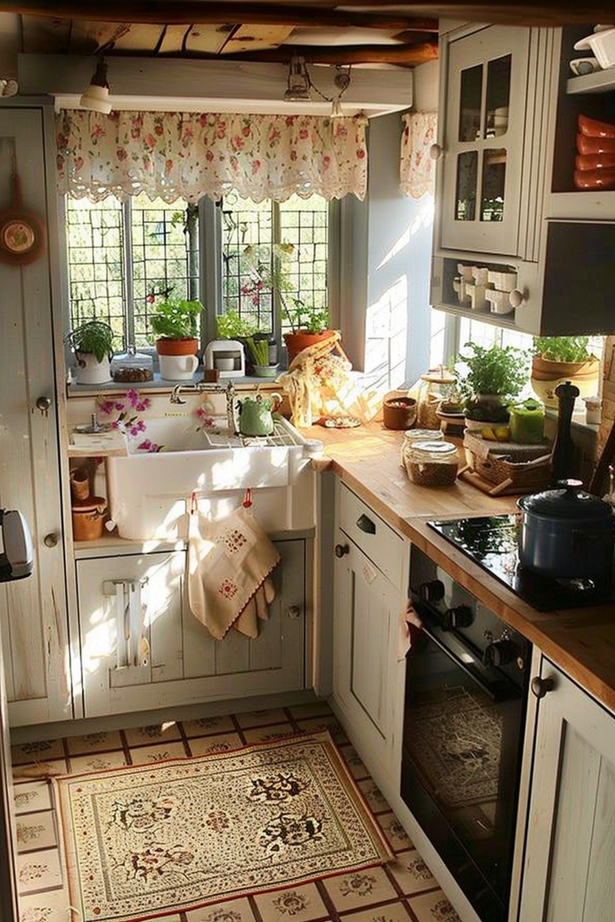 Cozy cottage-style kitchen with floral curtains, wooden countertops, white cabinetry, potted plants by the window, and patterned rug on tiled floor.