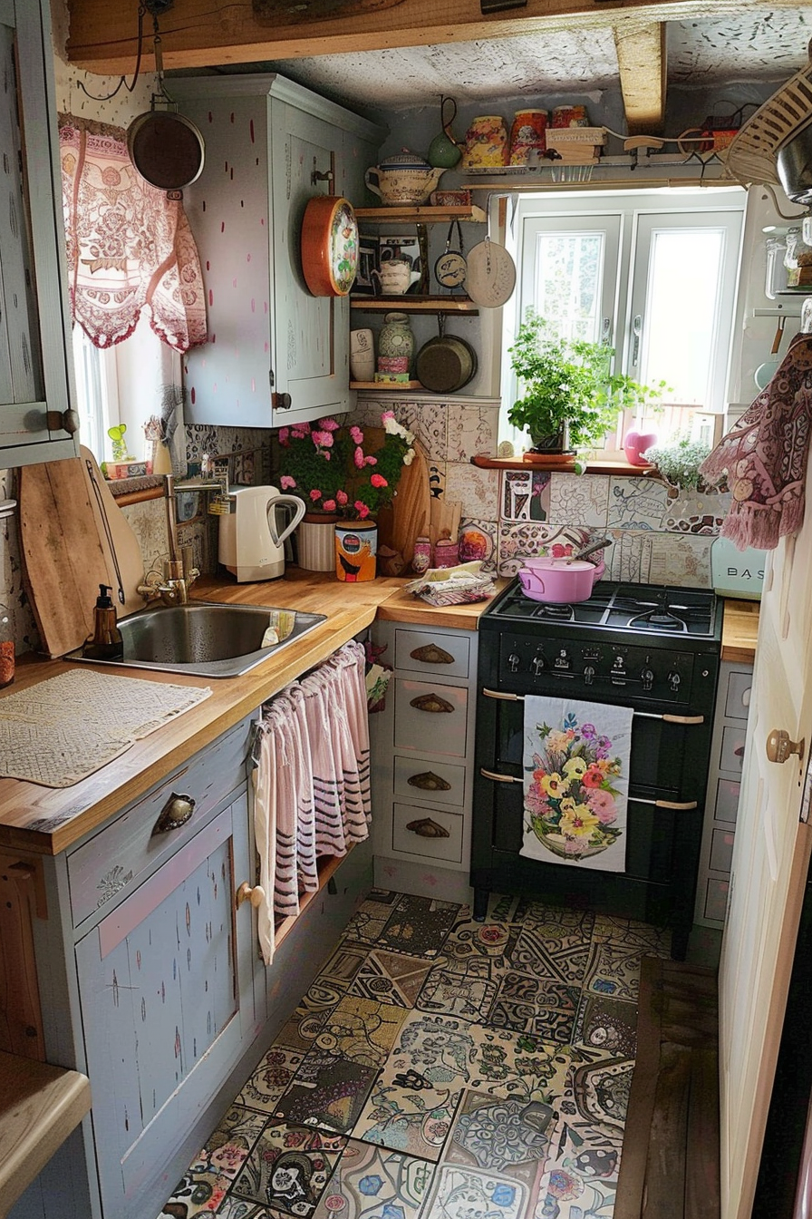 Cozy cottage kitchen interior with pastel cabinetry, floral patterns, vintage accessories, and a black stove, illuminated by natural light.