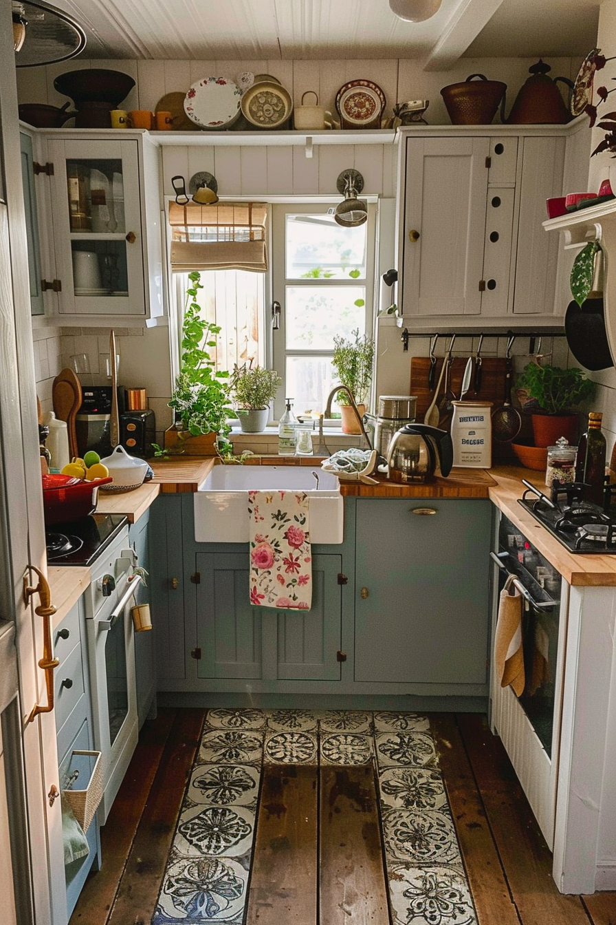 Cozy, vintage kitchen interior with wooden countertops, decorative tiled floor, and an array of plants and pots on the window sill.