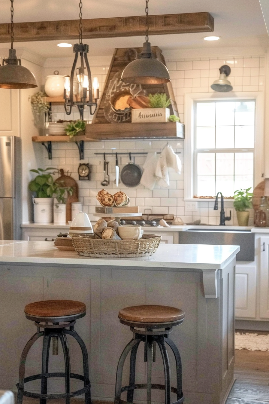 A cozy kitchen with a white island, two bar stools, and rustic decor including hanging lights and wooden shelves.