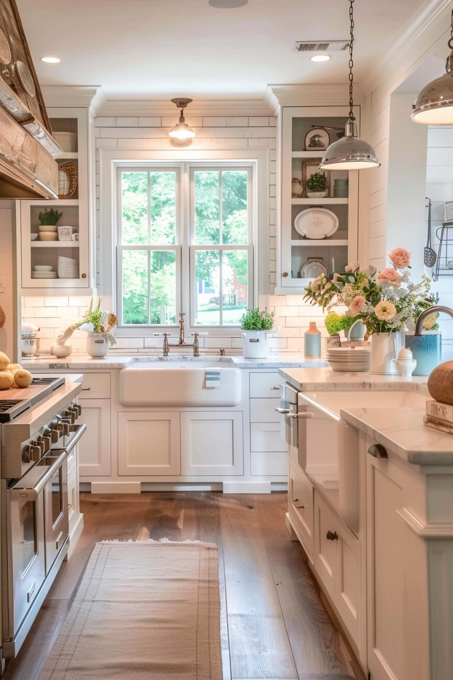 A cozy, well-lit kitchen with white cabinetry, farmhouse sink, hardwood floors, and fresh flowers on the counter.