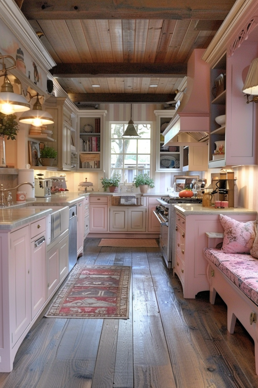 Cozy kitchen interior with pink cabinets, wooden floors and ceiling, decorated with vintage rugs and plants.