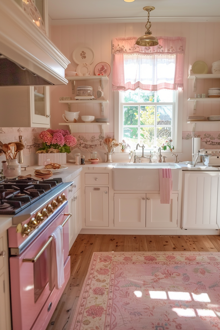 A cozy kitchen interior with pink walls, white cabinetry, a vintage-style pink oven, and a floral patterned rug on wood flooring.