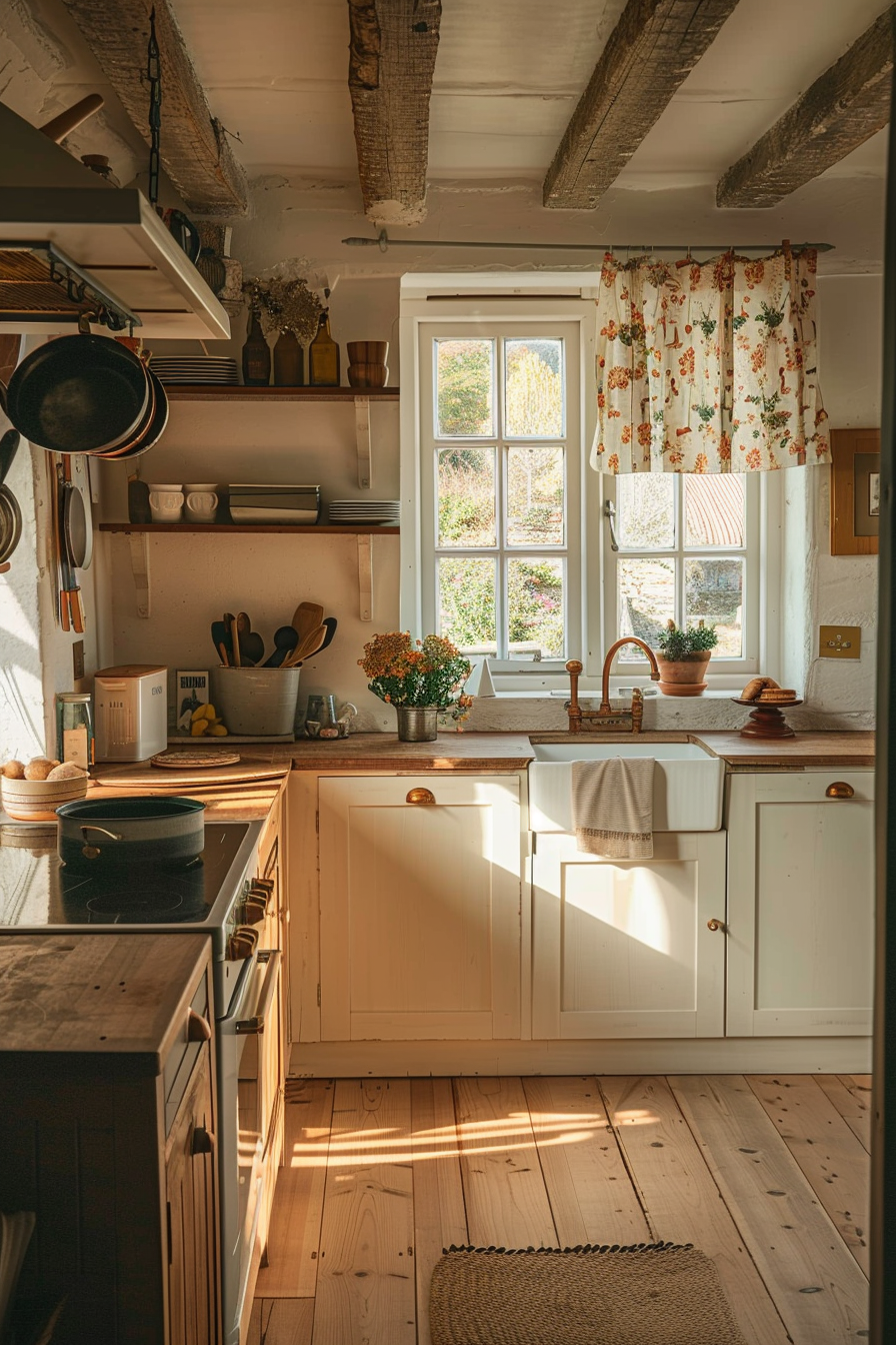 ALT: Cozy cottage kitchen bathed in sunlight, featuring wooden floors, rustic ceiling beams, and vintage decor with a garden view window.