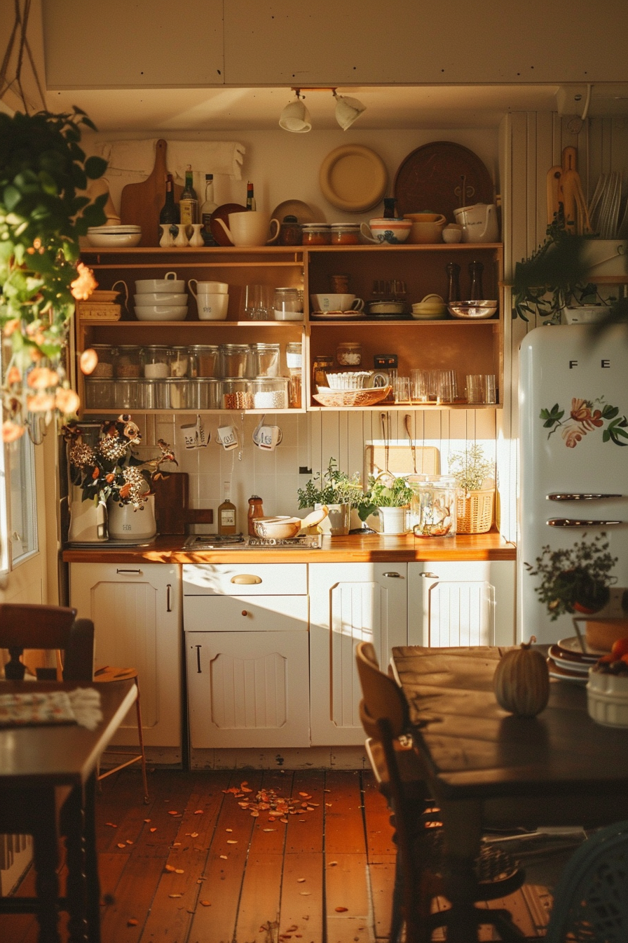 Cozy kitchen interior with warm sunlight, vintage fridge, open shelving, wooden table, and scattered leaves on the floor.