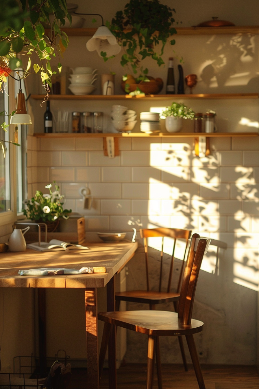Cozy kitchen interior with sunlight casting shadows on a wooden table, chairs, open shelves with plants and dishes.