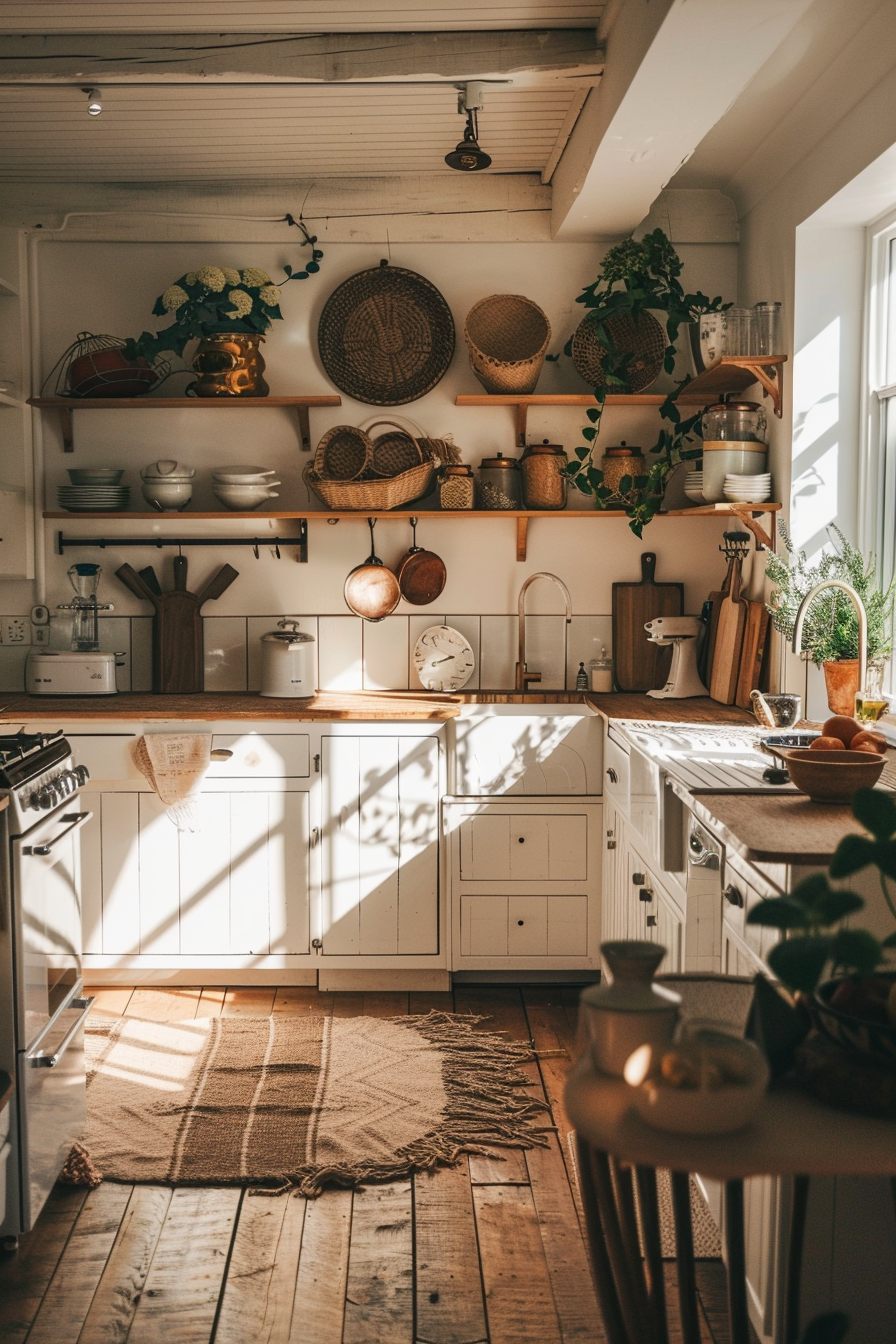 Cozy sunlit kitchen with wooden floors, white cabinets, and open shelves adorned with wicker baskets and green plants.