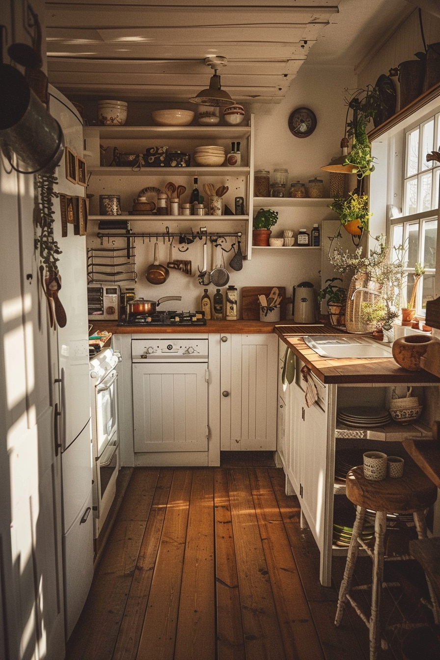Cozy cottage kitchen with sunlight filtering in, showcasing wooden floors, white cabinets, and assorted kitchenware on open shelves.