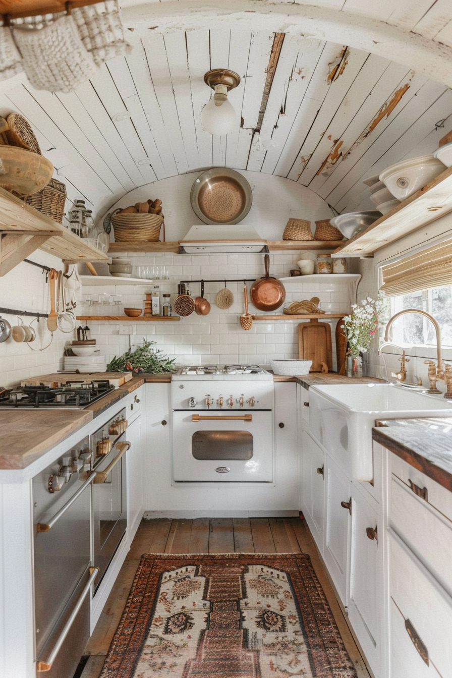 Cozy rustic kitchen interior with white cabinets, wooden countertops, subway tiles, vintage stove, and hanging copper cookware.