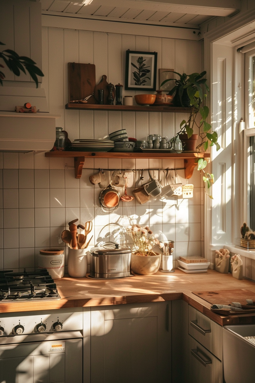 Cozy kitchen interior with sunlight casting warm glow over wooden countertops, hanging pots, plants, and shelves with dishware.