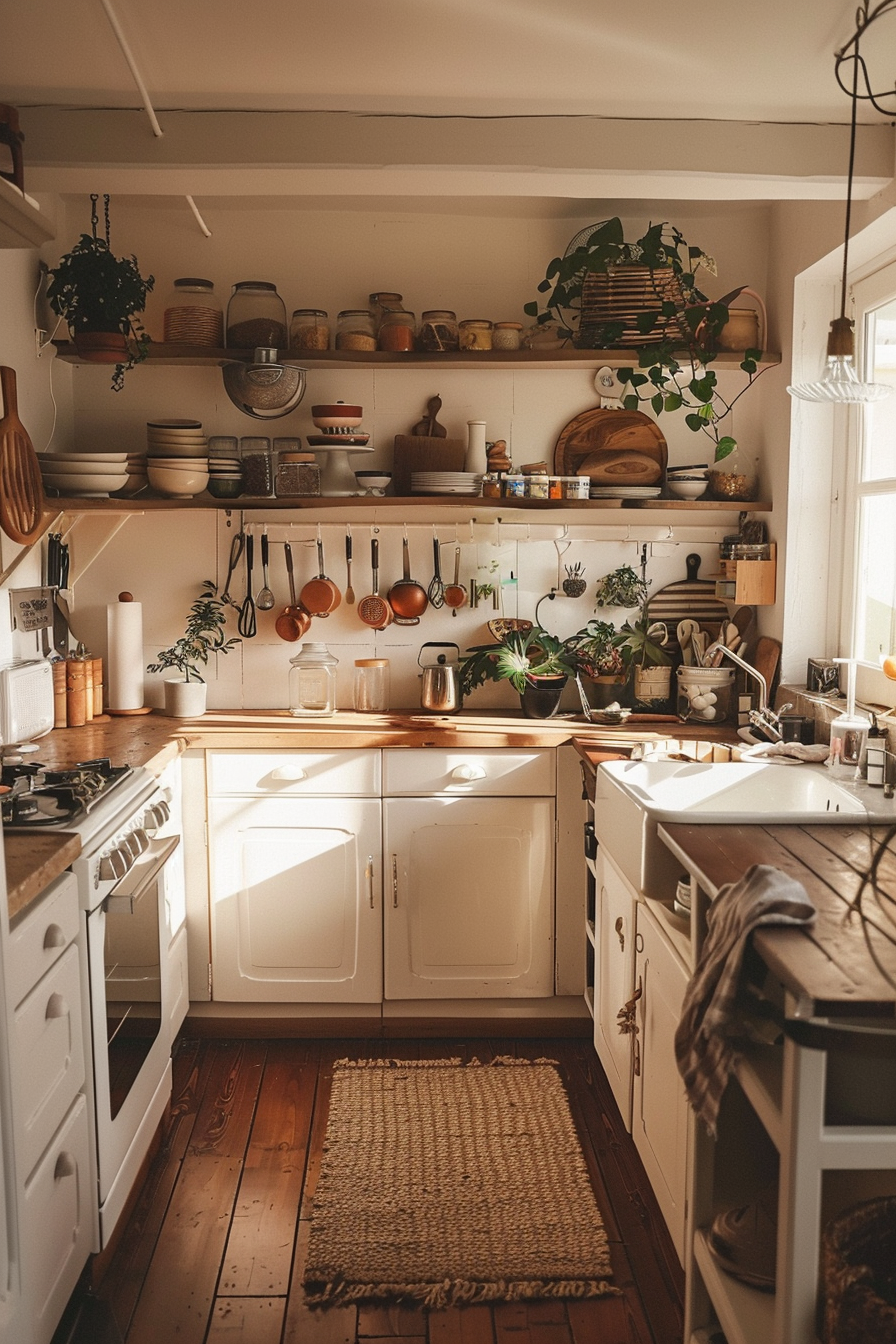 Cozy kitchen interior with wooden countertops, white cabinets, hanging copper pots, and potted plants bathed in warm sunlight.