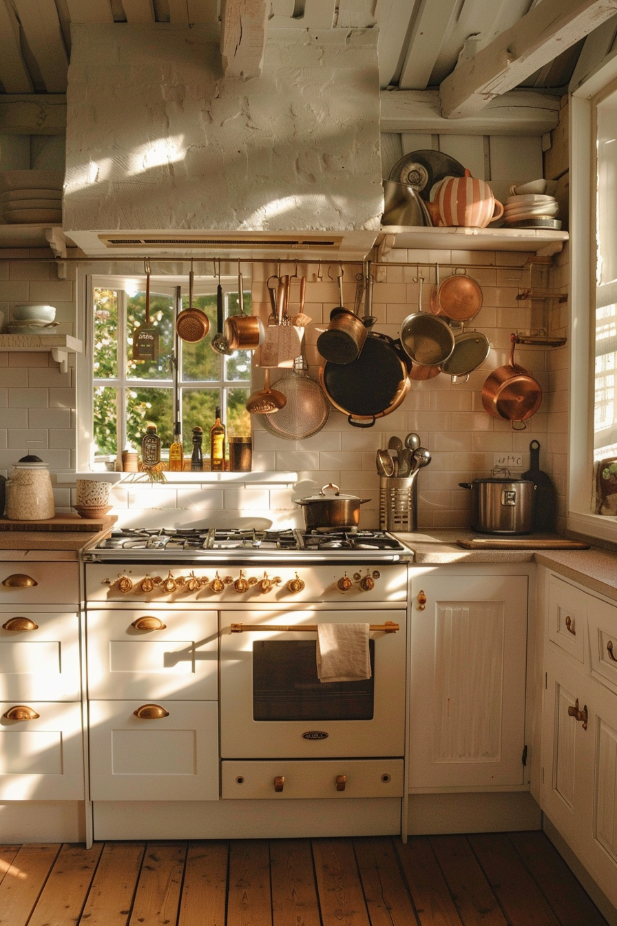 Cozy kitchen interior with sunlight highlighting copper pots and pans, a stove, and white cabinets.