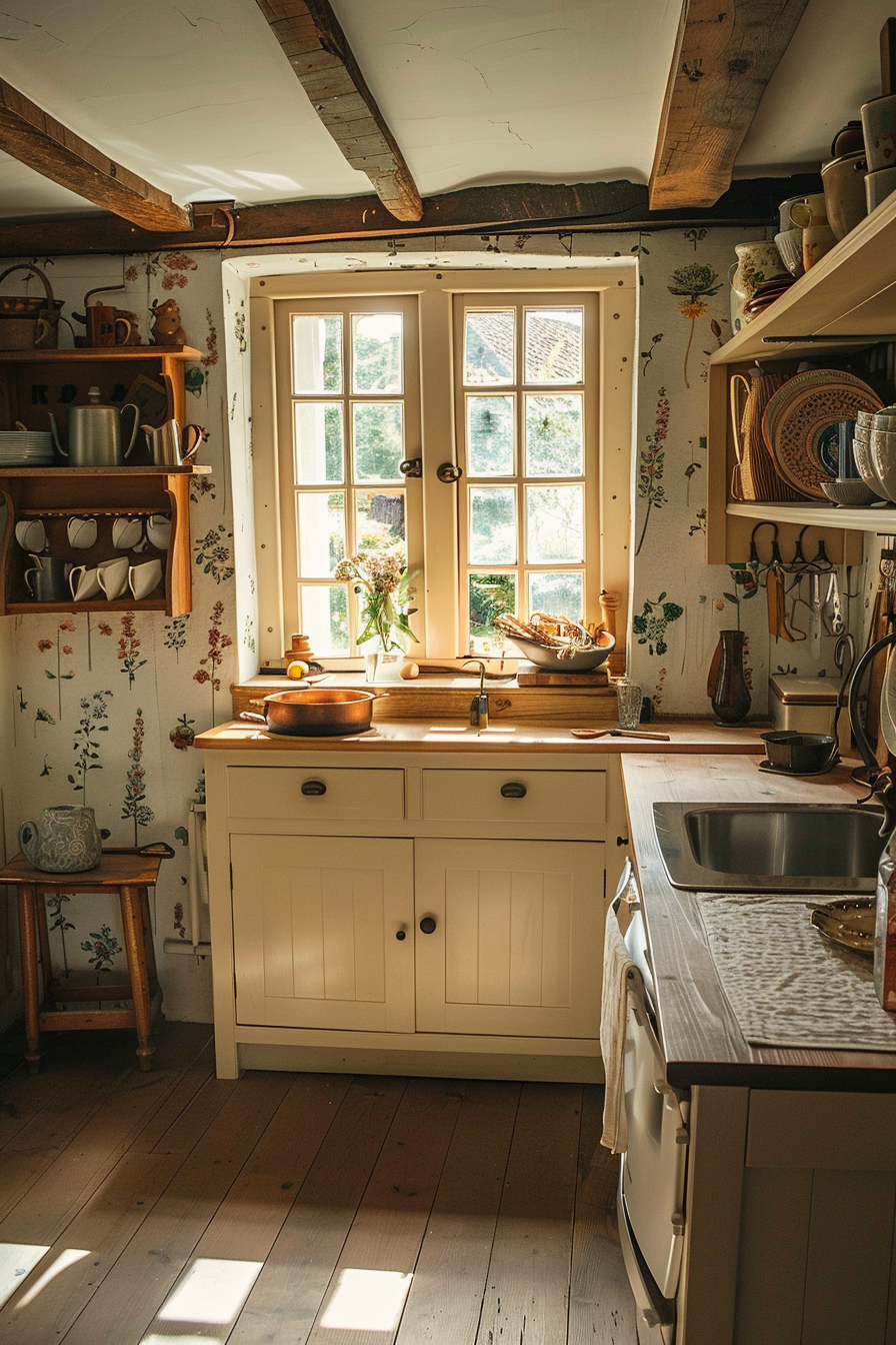 Cozy cottage kitchen with natural light, wooden beams, and vintage-style floral wallpaper.
