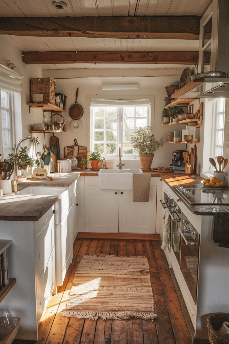 ALT: Cozy kitchen interior with wooden floors and cabinets, open shelves filled with utensils and plants, a large sink by the window, and a woven rug.