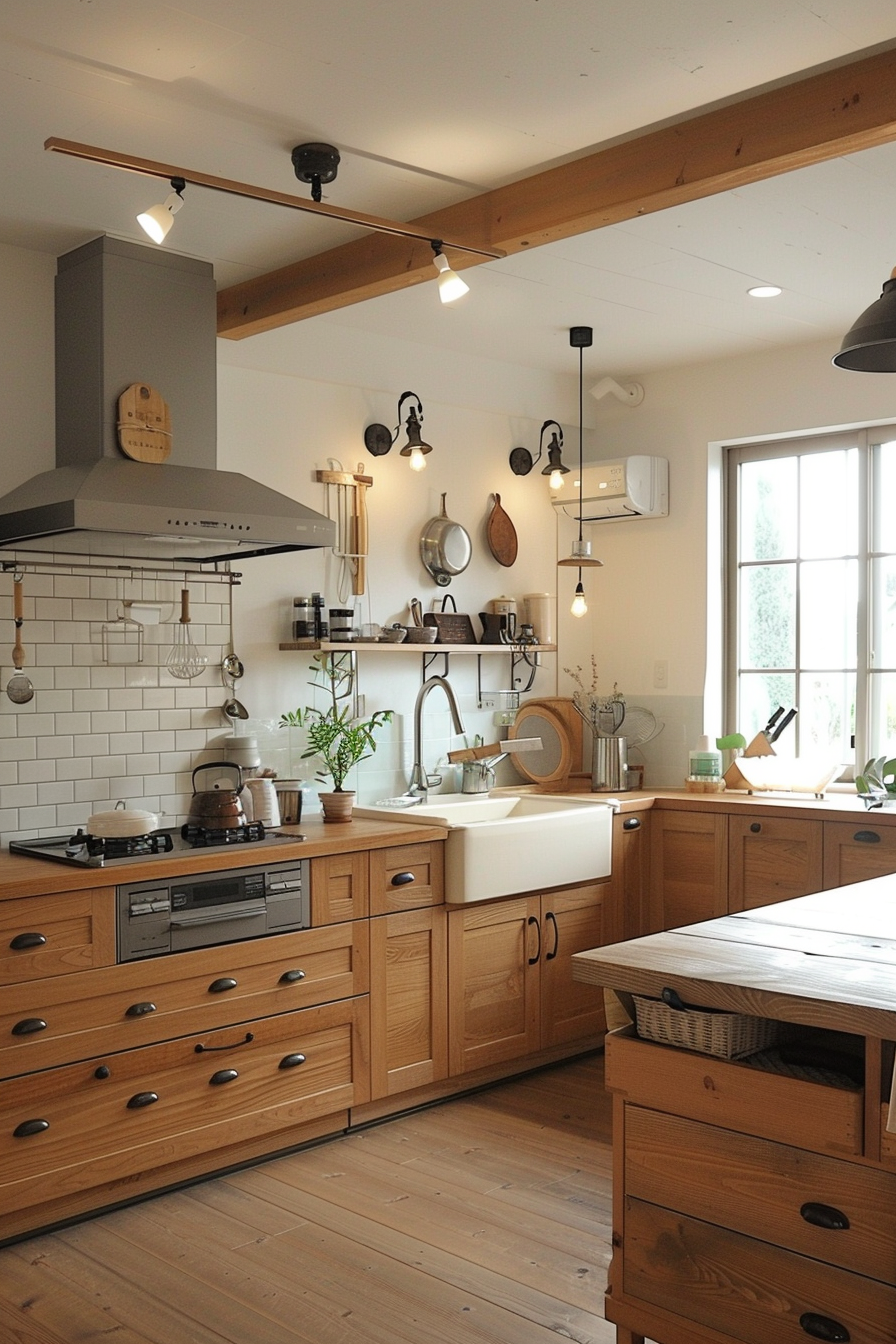 A cozy kitchen interior with wooden cabinets, farmhouse sink, and modern appliances, complemented by white subway tiles and warm lighting.