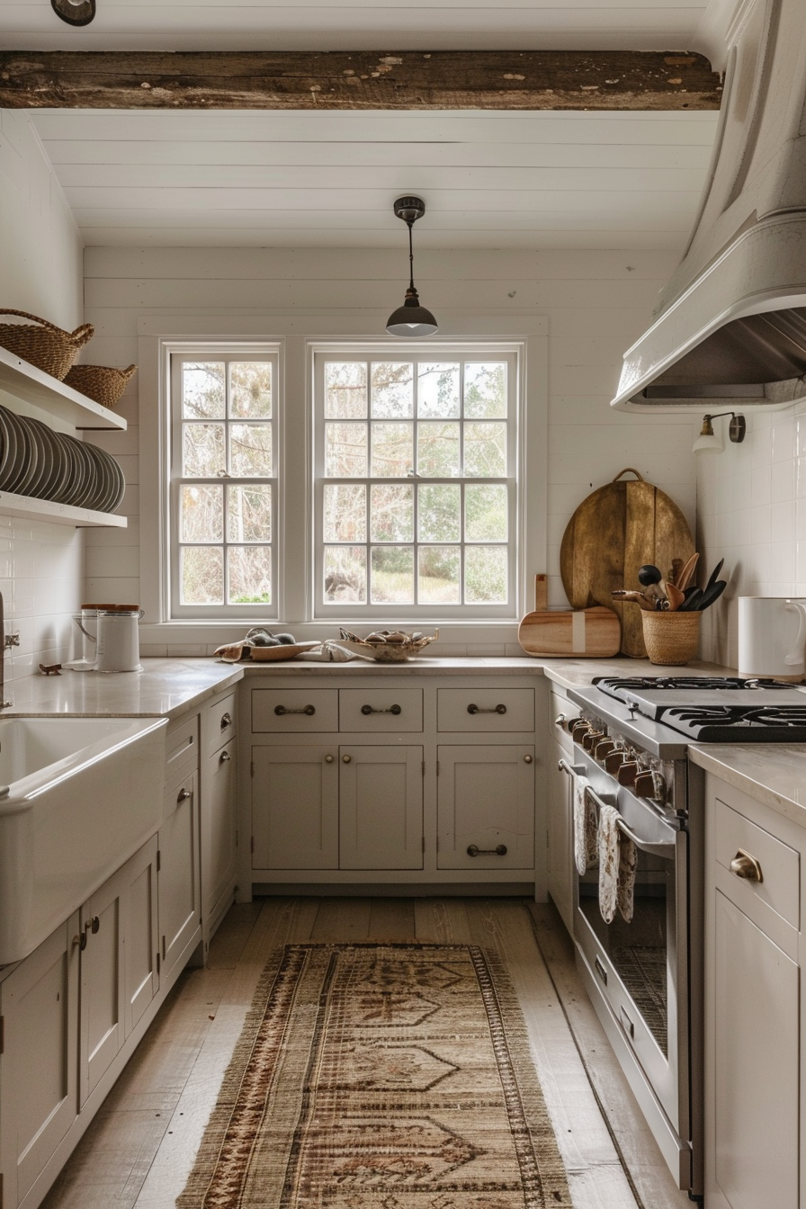 Cozy kitchen interior with white cabinets, wooden countertops, a patterned rug, and natural light from window.