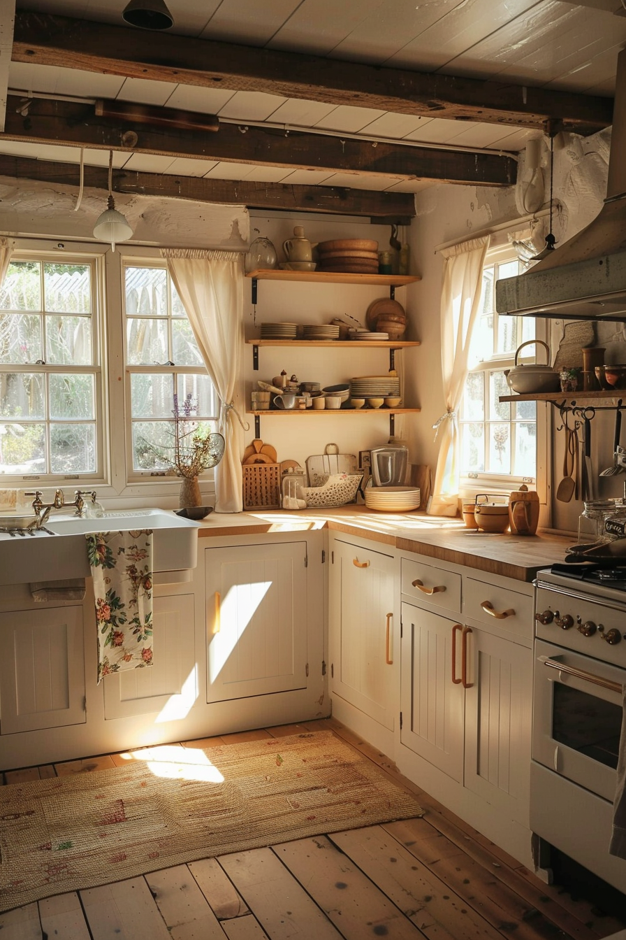 A cozy kitchen interior with warm sunlight filtering through the window, highlighting wooden countertops and white cabinetry with rustic decor.