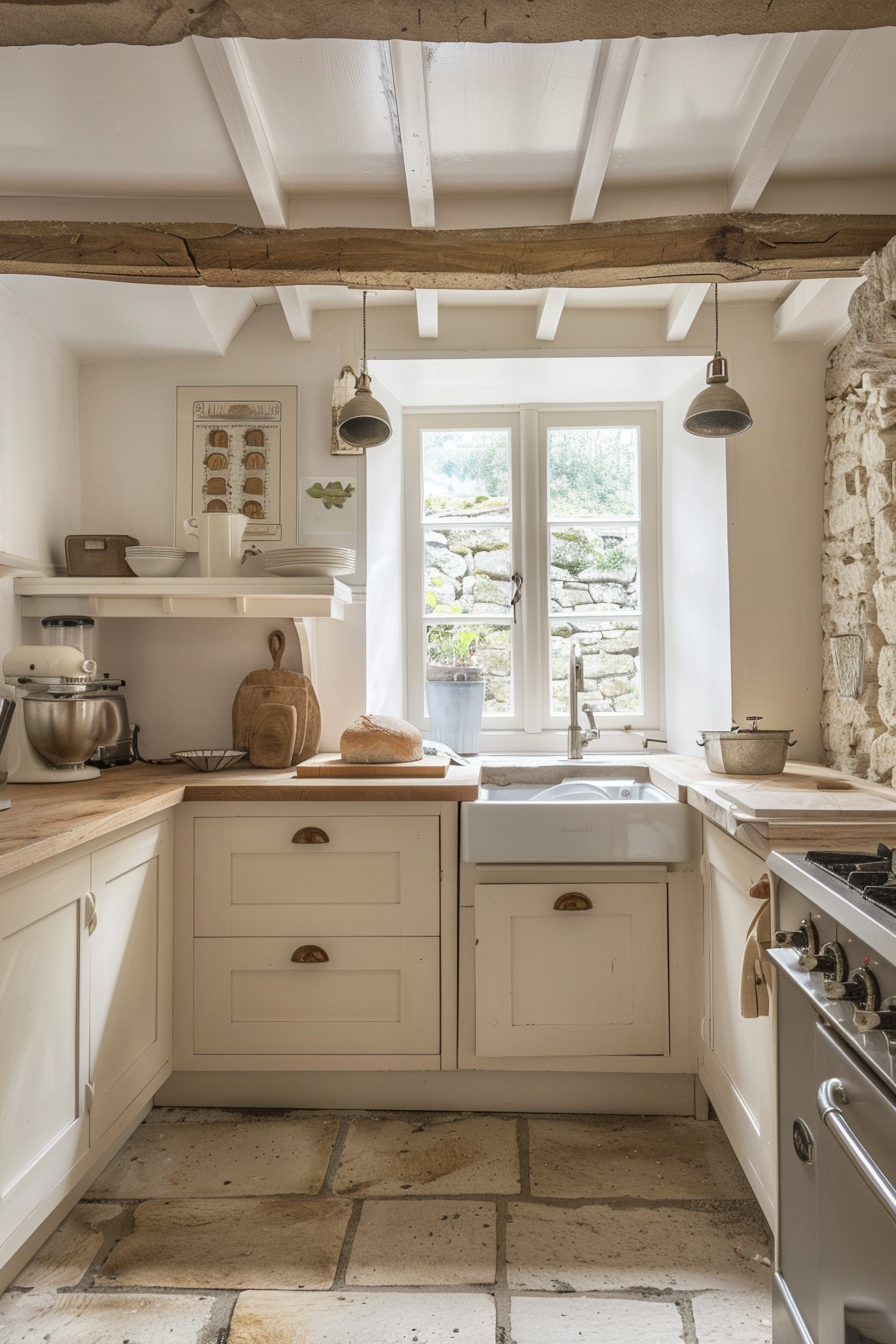 Cozy rustic kitchen with white cabinets, stone walls, wooden beams, and a view of greenery outside the window.