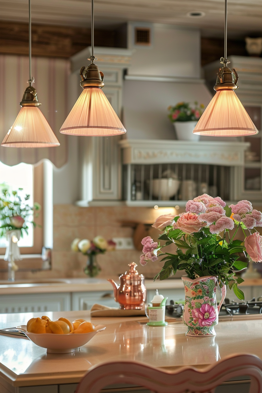 A cozy kitchen interior with pendant lights, a vase of pink flowers on the counter, and a bowl of oranges.
