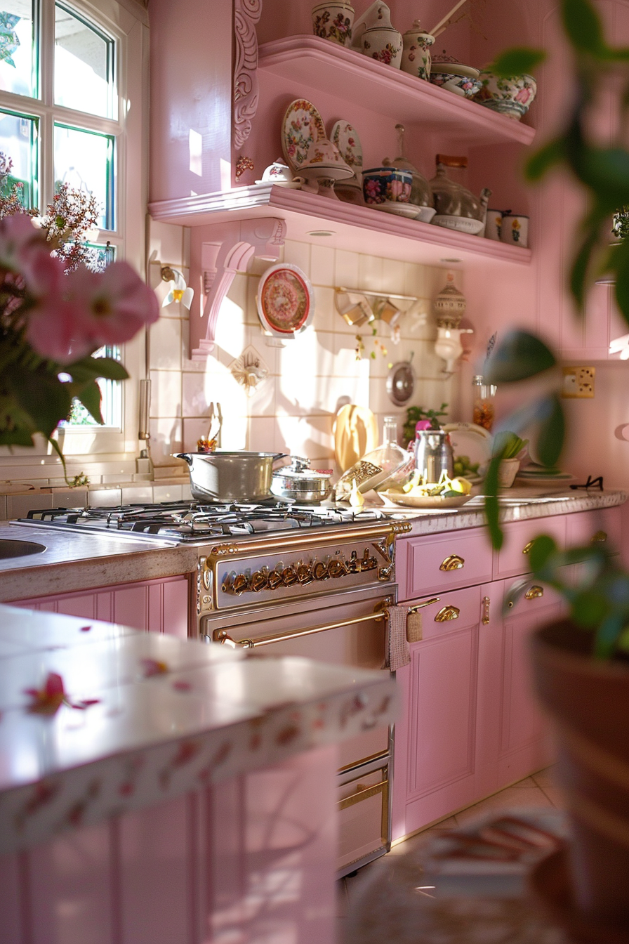 A cozy, pink-themed kitchen with vintage style cabinetry, decorative plates, and a classic range cooker illuminated by warm sunlight.