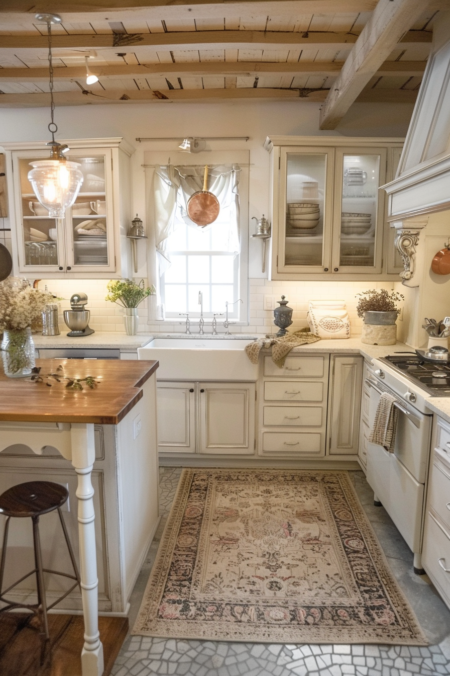 ALT: Cozy kitchen interior with white cabinetry, wooden countertops, a farmhouse sink, and a patterned rug, accented by rustic beams and lighting.