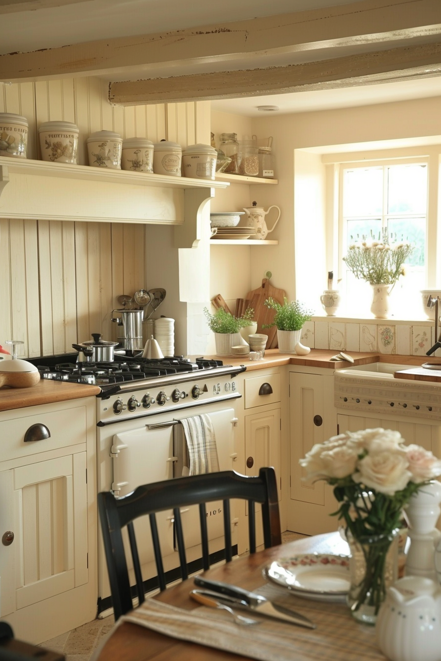 A cozy country-style kitchen with cream cabinets, a classic range cooker, wooden countertop, and a vase of white roses on a table.