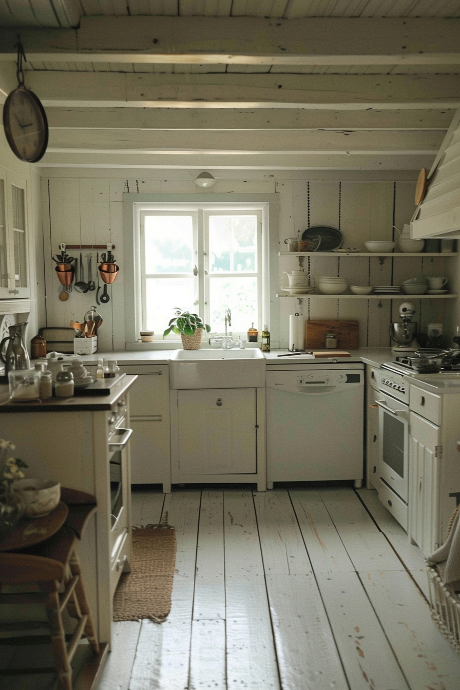 A cozy, rustic kitchen with white cabinetry, appliances, open shelves, a farmhouse sink, and a wood floor, illuminated by natural light.