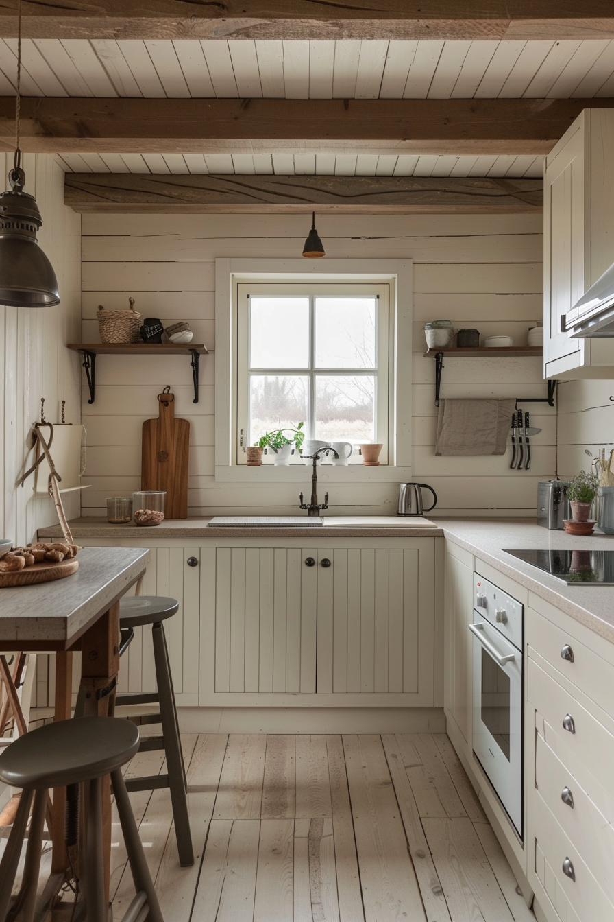 Rustic kitchen interior with white cabinets, wooden countertops, and a window overlooking a snowy scene.