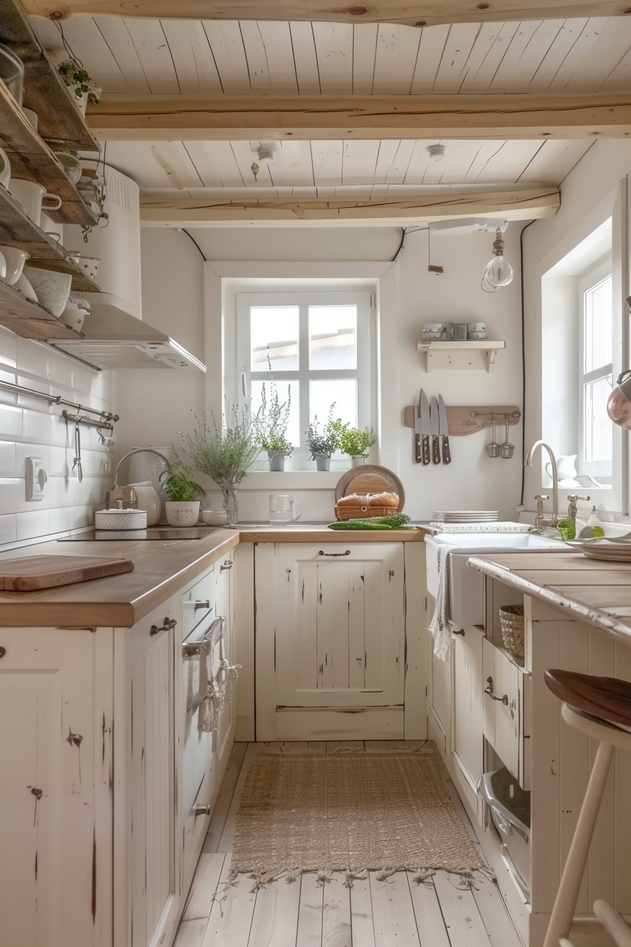 Cozy rustic kitchen with white distressed cabinets, wooden countertops, and accents of greenery by the window.