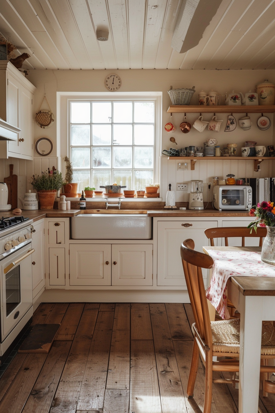 Cozy rustic kitchen interior with natural light, white cabinets, wooden countertops, and a variety of kitchenware on open shelves.