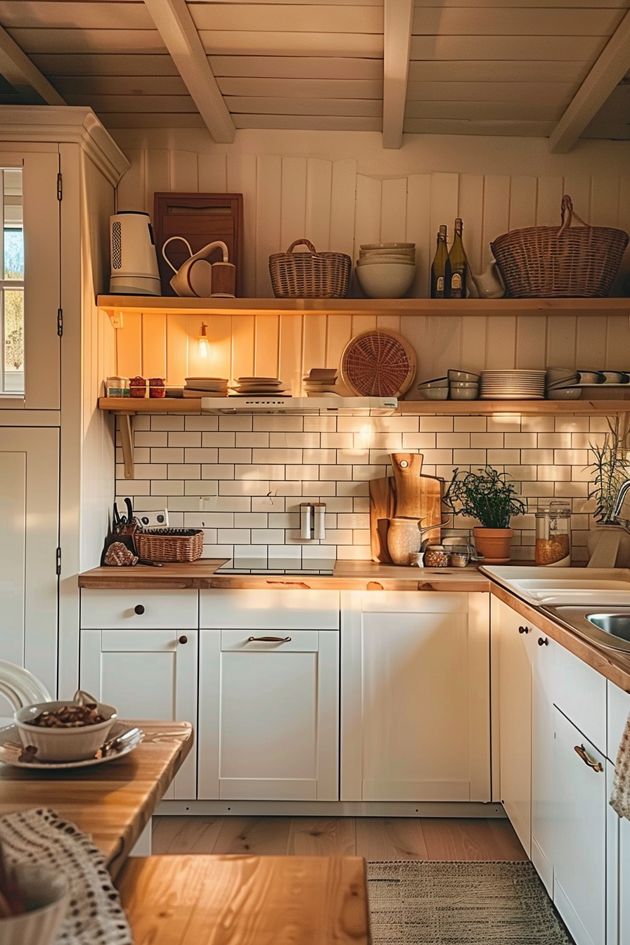 Cozy cottage kitchen with white cabinetry, subway tiles, and wooden accents illuminated by warm lighting.