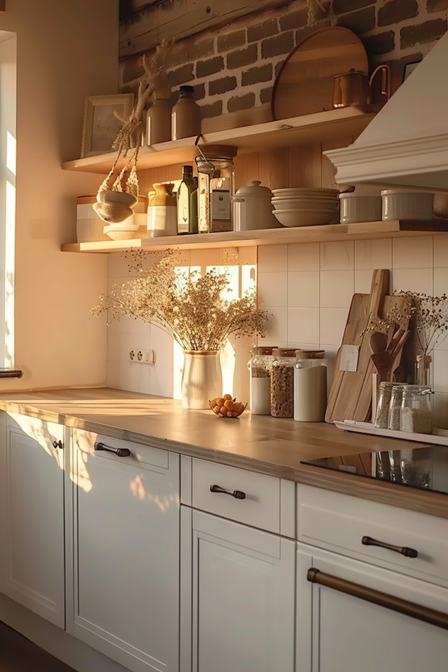 A cozy kitchen interior with warm sunlight, white cabinets, wooden countertops, and shelves adorned with dishes, jars, and dried flowers.