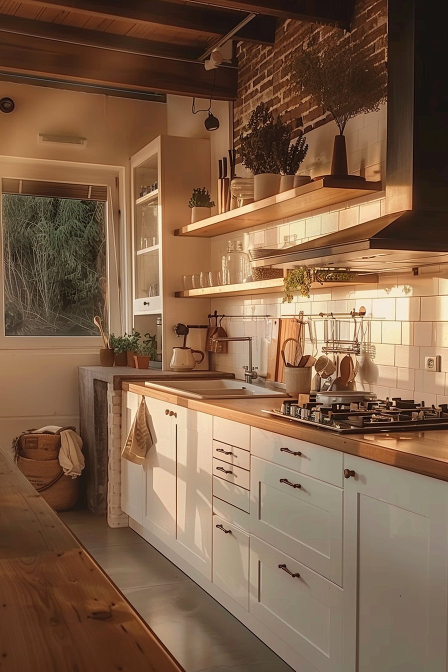 Cozy kitchen interior at sunset with modern appliances, wooden countertops, white cabinetry, and open shelving with plants.