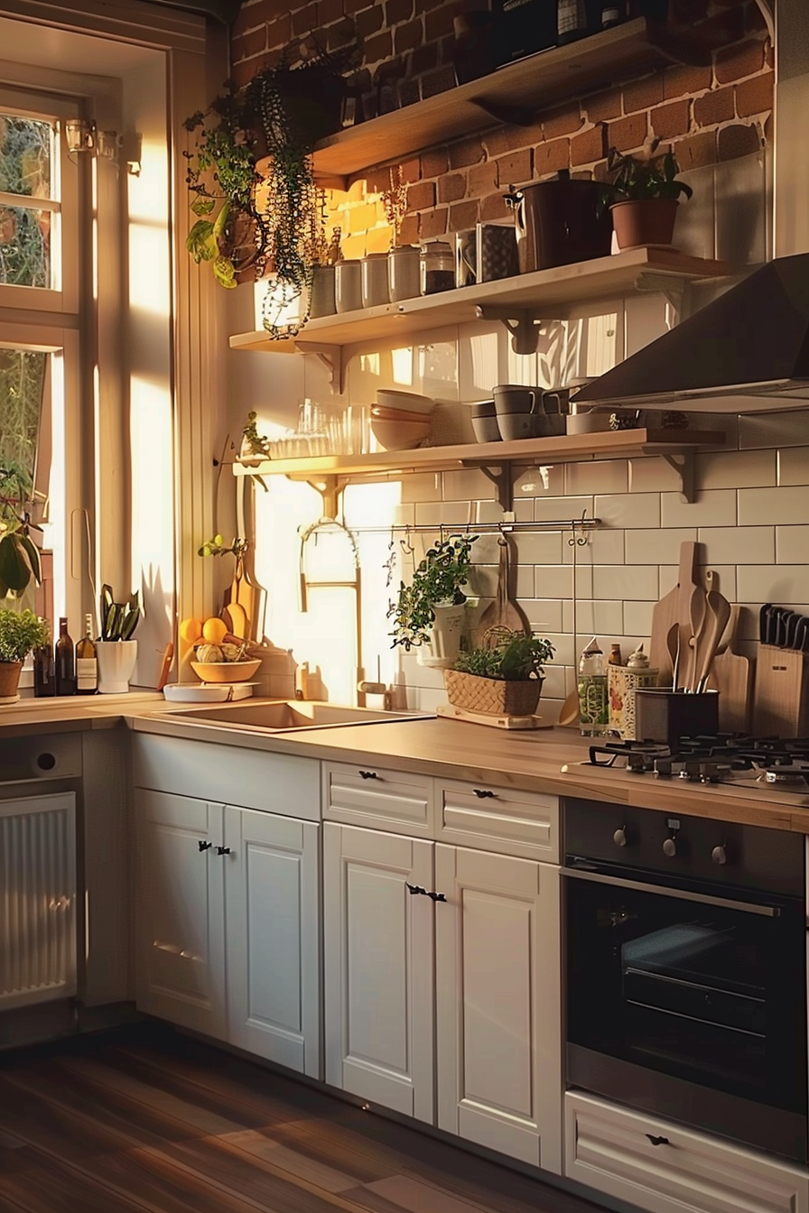 A cozy kitchen interior with white cabinetry, wooden countertops, and a warm glow from the sunset streaming through the window.