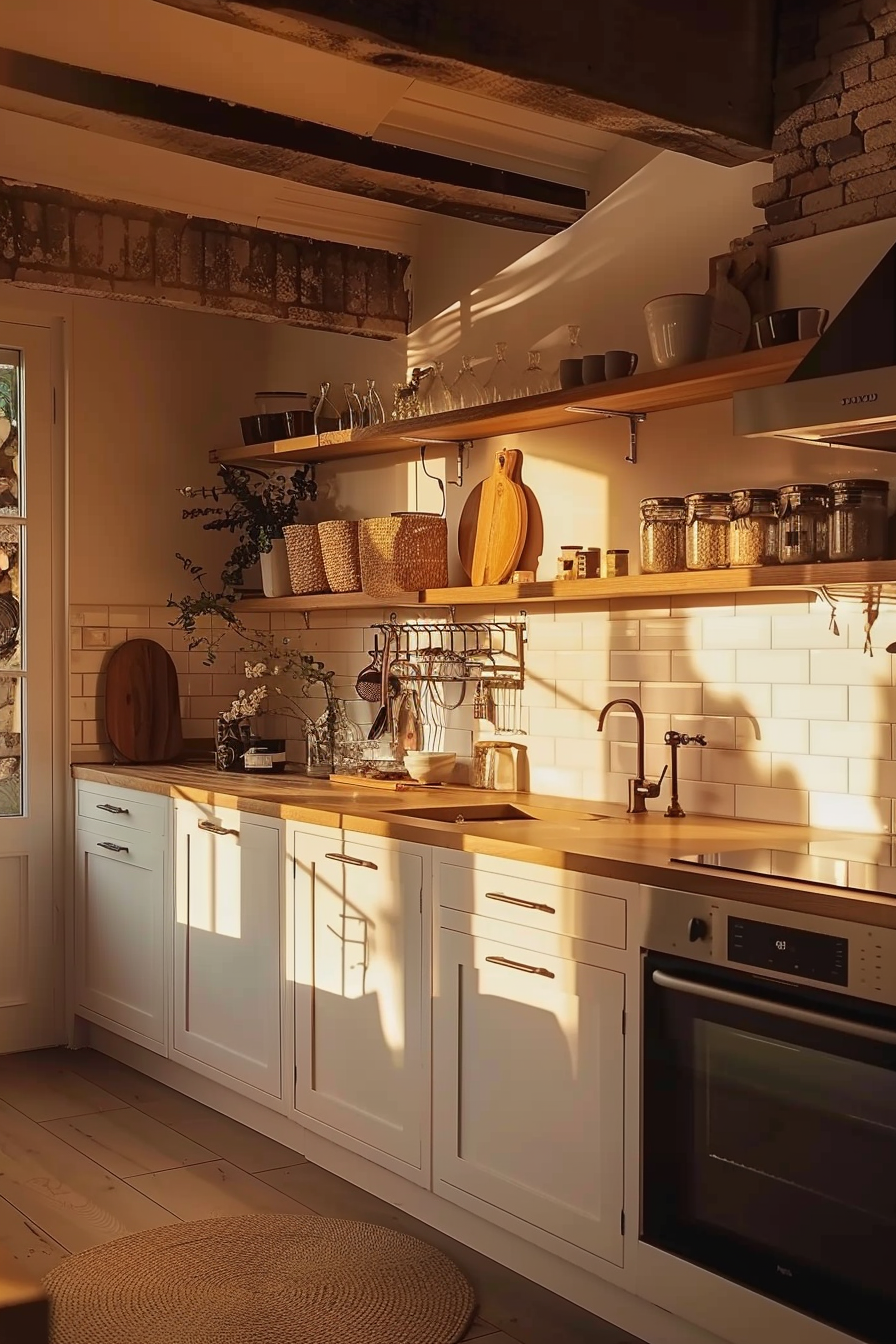 ALT: Cozy kitchen interior at sunset with warm lighting, wooden countertops, white cabinets, and neatly organized shelves.