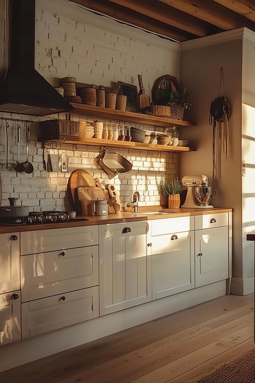 A cozy kitchen interior with white cabinetry, wooden countertops, open shelves with pots, and warm sunlight filtering in.