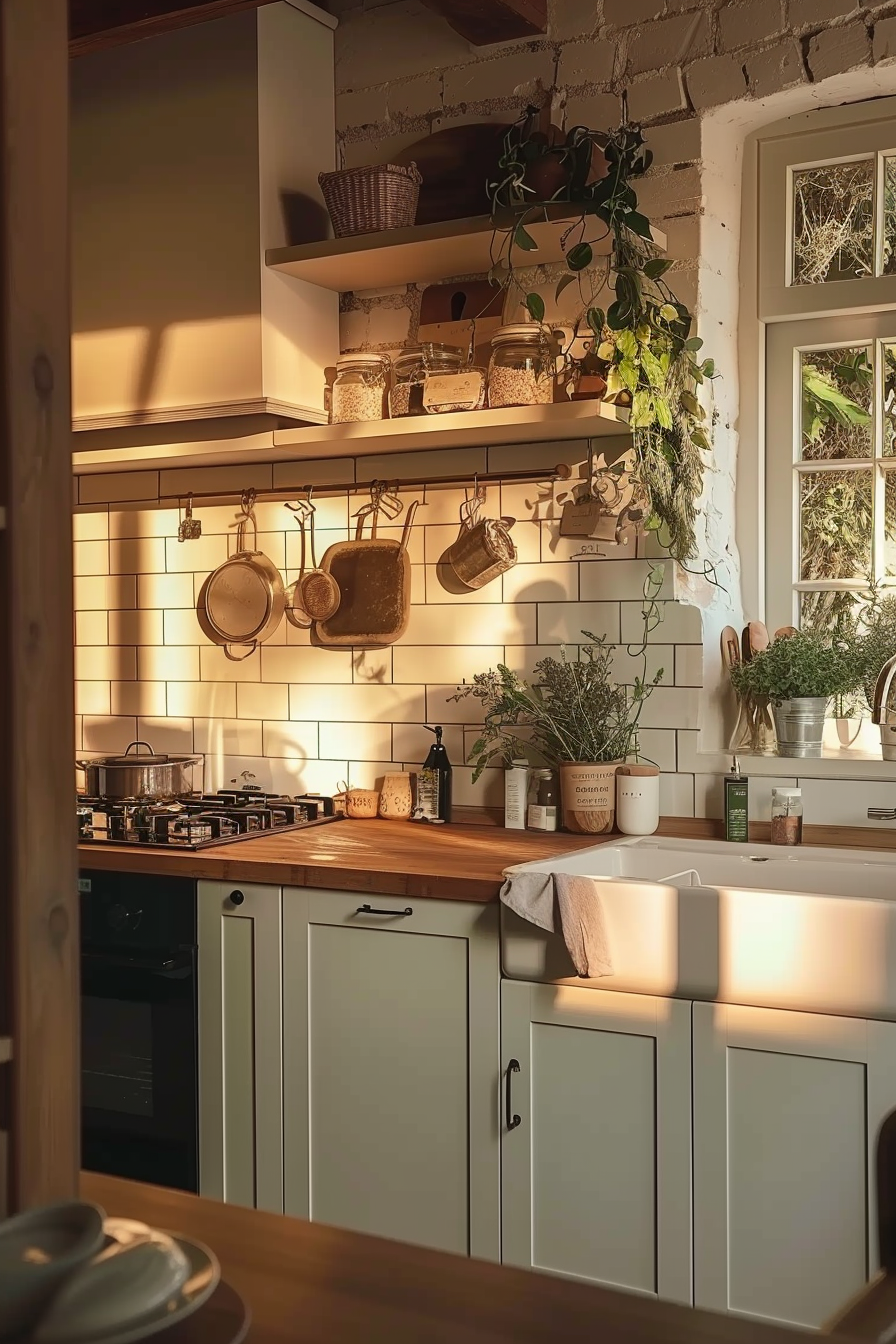 Cozy kitchen interior with hanging pots, wooden countertops, white cabinets, and green plants basking in warm sunlight.