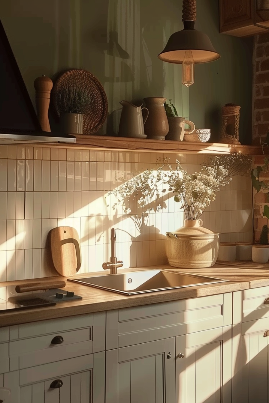 A cozy kitchen interior bathed in warm sunlight, featuring pottery, a sink, flowers, and a hanging lamp.