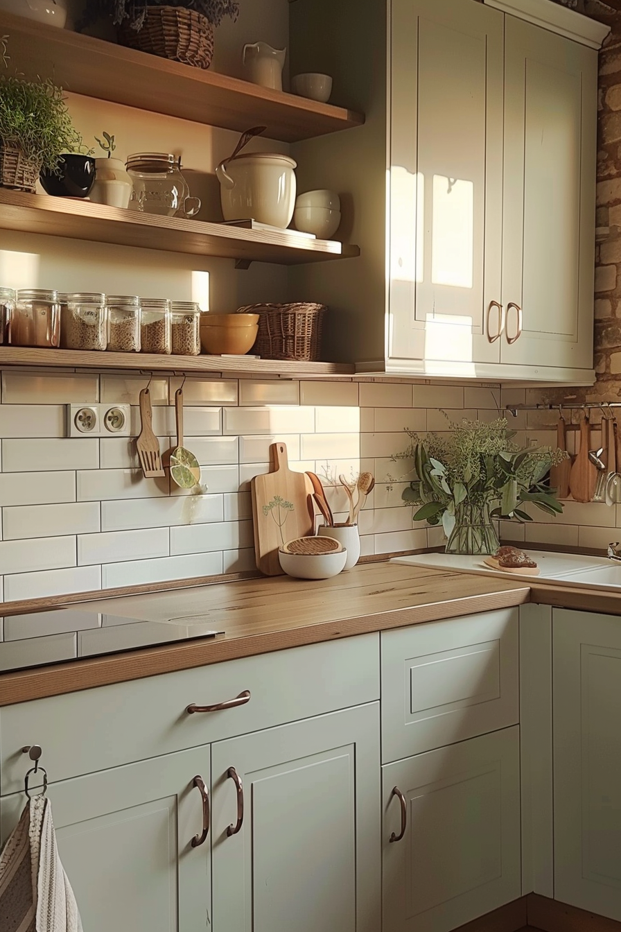 A cozy kitchen interior with white cabinetry, wooden countertops, open shelves with dishes, and a vase of greenery.