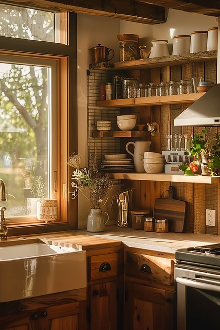 Cozy kitchen interior at golden hour, featuring open shelving with ceramics, a sink, and plants by the window.