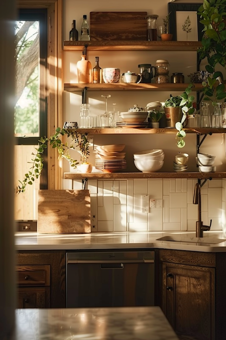 Warm sunlight filters through a cozy kitchen with open wooden shelves lined with dishes and plants.