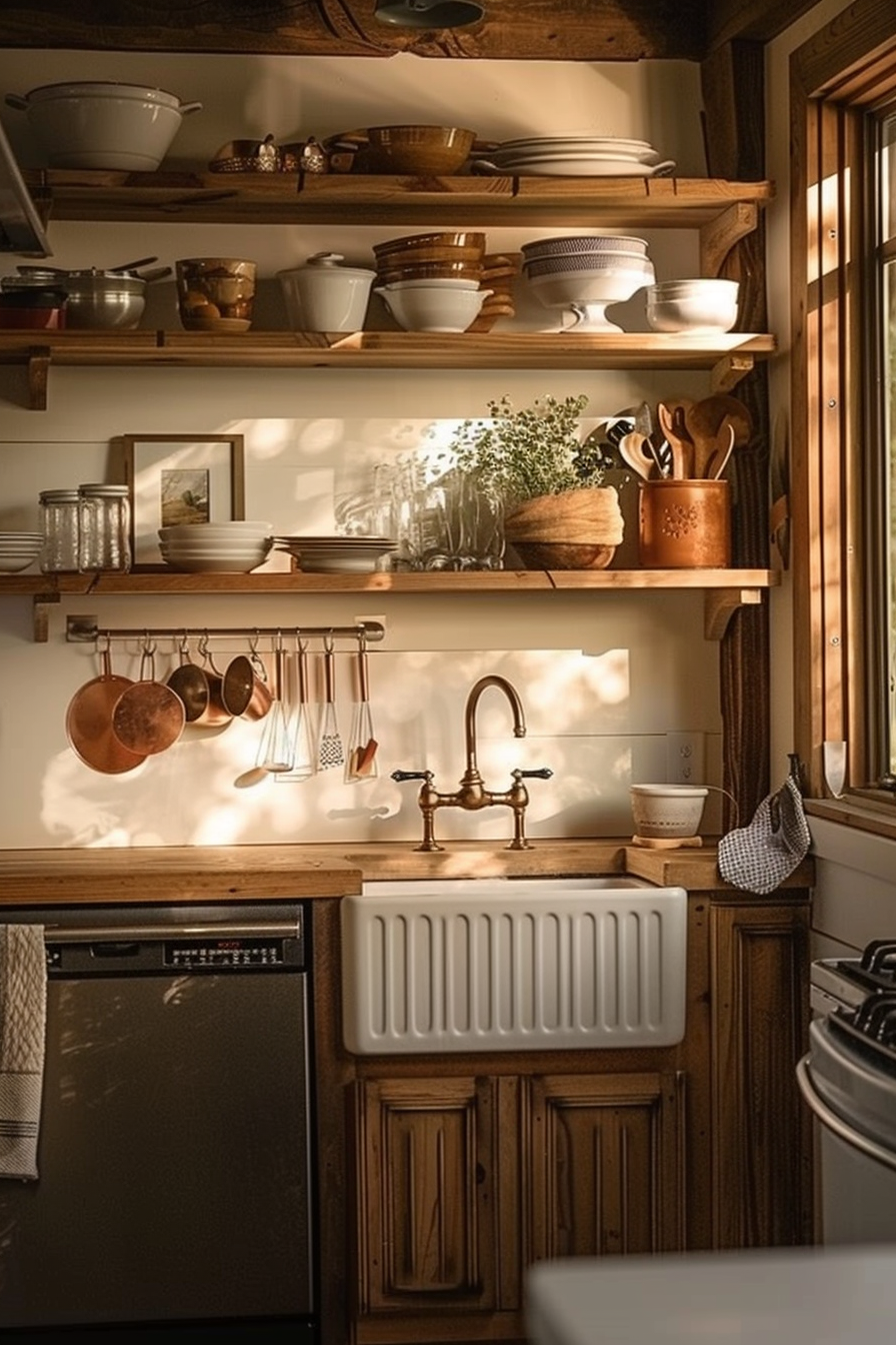 A cozy kitchen corner with warm sunlight, featuring open wooden shelves filled with dishes, copper pots handing, and a farmhouse sink.