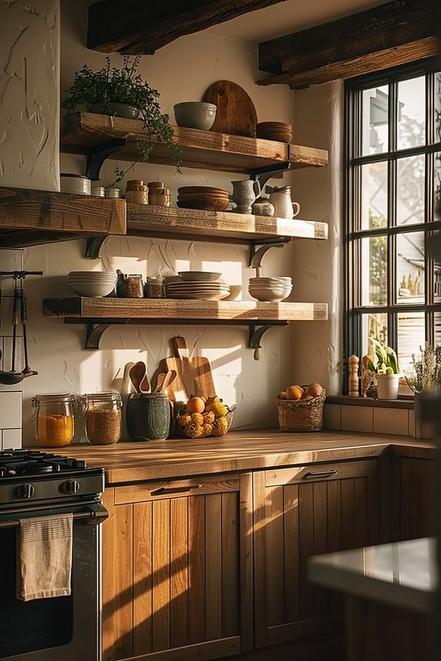 Cozy kitchen interior with warm sunlight casting shadows, featuring open wooden shelves stocked with dishes and jars.
