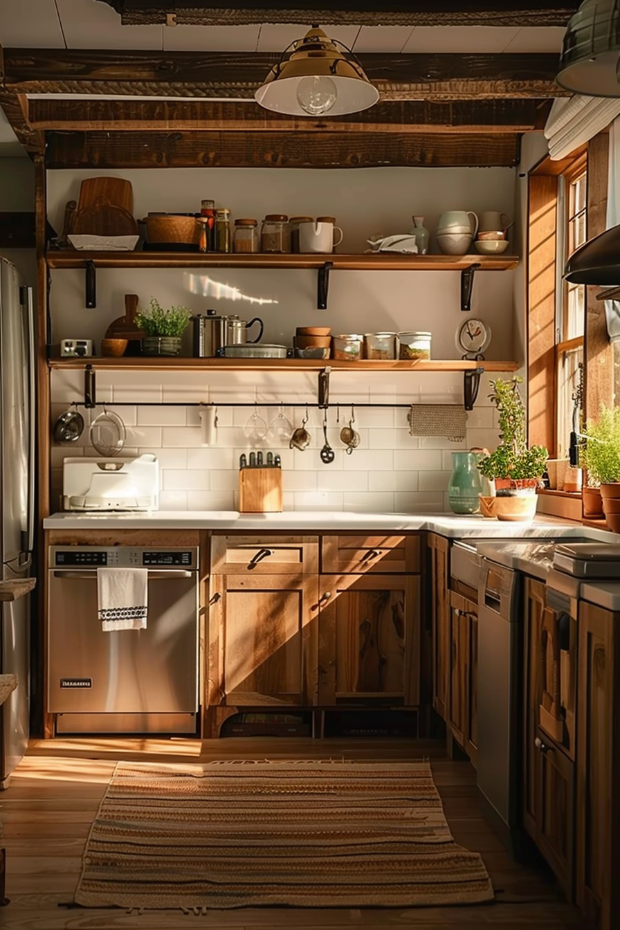 Cozy kitchen interior with wooden shelves, white subway tiles, and sunlight casting warm glow over plants and utensils.