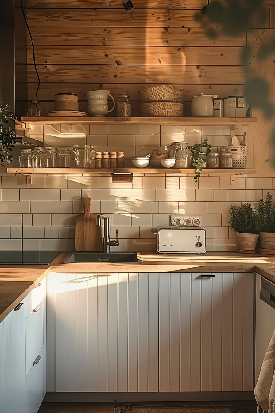 Cozy kitchen corner with wooden shelves, subway tiles, and plants, bathed in warm sunlight.