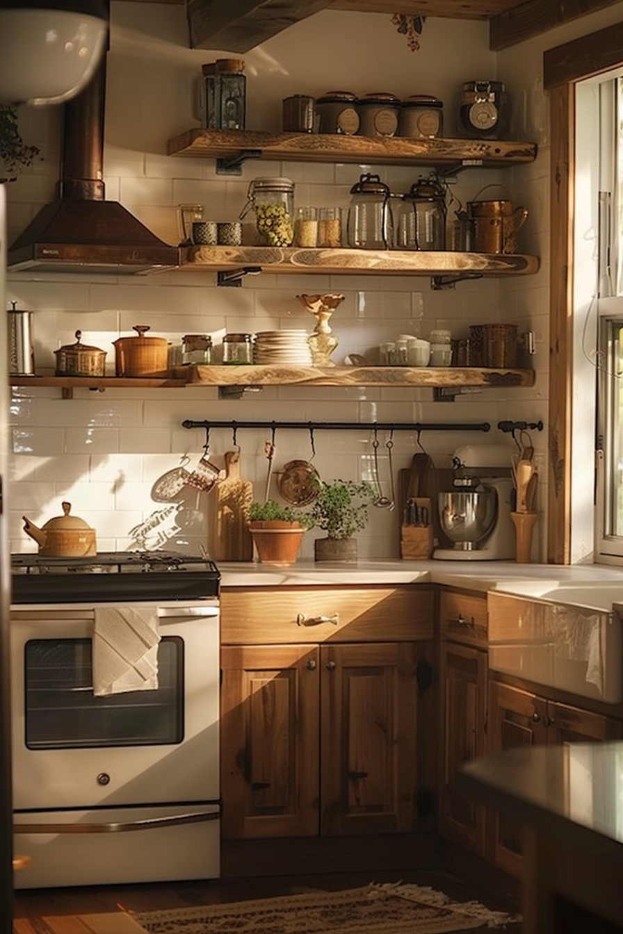 Cozy kitchen interior with wooden shelves stocked with jars, utensils, pots, and plants, sunlight casting warm shadows.