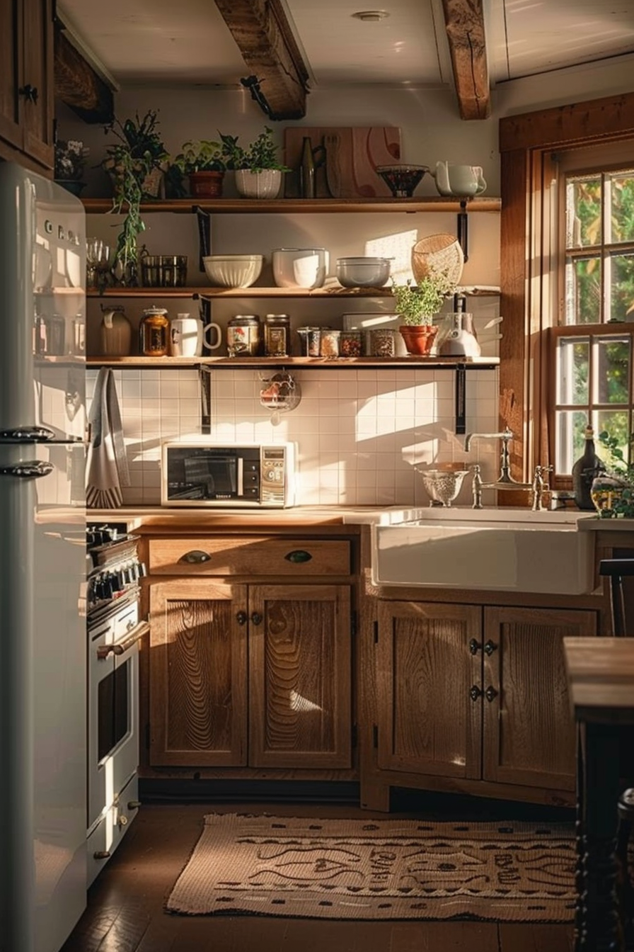 A cozy rustic kitchen with wooden cabinets, shelves with dishes, and sunlight streaming through a window.
