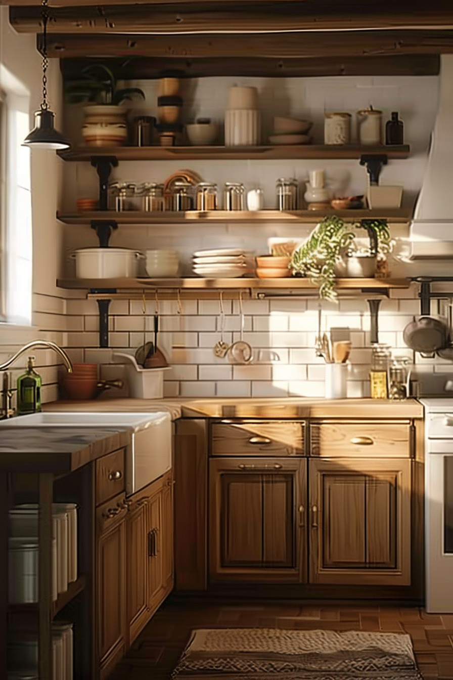 Cozy kitchen interior with wooden cabinets, open shelves filled with dishes, and warm sunlight filtering through the window.